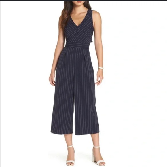 1901 Pants - 1901 Navy White Pinstriped Cropped Jumpsuit Tie Back Size 10